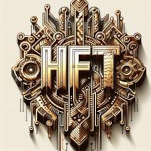 May include: A gold and silver metallic logo with the letters "HFT" in a stylized font. The logo is surrounded by intricate geometric patterns.