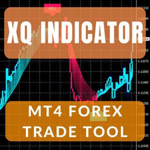 May include: A brown rectangle with the text "XQ INDICATOR" and "MT4 FOREX TRADE TOOL" in white. The background is a black and white grid with a blue and pink line graph.