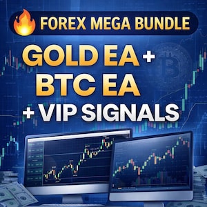 Peut inclure: Visuel numérique annonçant un Forex Mega Bundle. Deux écrans d'ordinateur affichent des graphiques boursiers, avec le texte : "FOREX MEGA BUNDLE," "GOLD EA + BTC EA + VIP SIGNALS." Un motif de flamme est en haut à gauche.