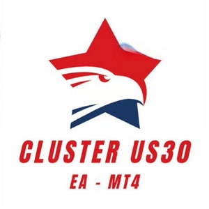 Może przedstawiać: Czerwona gwiazda z niebieskim orłem w środku, pod gwiazdą znajduje się tekst "CLUSTER US30 EA - MT4".