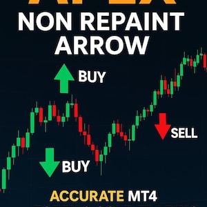 Puede incluir: Un fondo oscuro con la palabra "APEX" en naranja y las palabras "NON REPAINT ARROW" en blanco. La imagen muestra un gráfico de bolsa con velas verdes y rojas, y flechas que indican "COMPRAR" y "VENDER". También está presente el texto "ACCURATE MT4 FOREX & GOLD TRADING SIGNAL SYSTEM".