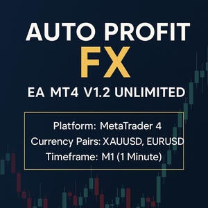 Può includere: Una grafica blu e bianca con il testo "AUTO PROFIT FX EA MT4 V1.2 UNLIMITED" e il testo "Piattaforma: MetaTrader 4 Coppie di valute: XAUUSD, EURUSD Timeframe: M1 (1 minuto)" in un riquadro bianco.