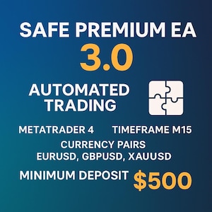 Può includere: Una grafica blu e gialla con il testo "SAFE PREMIUM EA 3.0 AUTOMATED TRADING" e un'icona di pezzo di puzzle bianco. Il testo "METATRADER 4 TIMEFRAME M15 CURRENCY PAIRS EURUSD, GBPUSD, XAUUSD MINIMUM DEPOSIT $500" è incluso.
