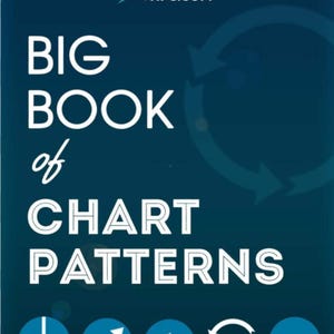 May include: A teal graphic with the text "BIG BOOK of CHART PATTERNS" in white. The top of the graphic has the text "TRADING TIPS.COM" and a blue arrow. Below the text are several blue circles with white icons.
