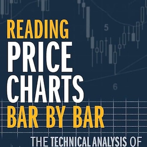 Peut inclure: Couverture de livre avec un fond bleu et un motif de grille blanche. Le titre "Reading Price Charts Bar by Bar" est en lettres jaunes. Le sous-titre "The Technical Analysis of Price Action for the Serious Trader" est en lettres blanches. Le nom de l'auteur "AL BROOKS" est en lettres blanches en haut de la couverture.