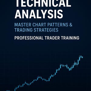 Könnte beinhalten: Dunkelblaue Grafik mit weißem Text: "THE ART OF TECHNICAL ANALYSIS". Darunter stehen die Worte "MASTER CHART PATTERNS & TRADING STRATEGIES" und "PROFESSIONAL TRADER TRAINING". Unten ist ein Aktienchart.