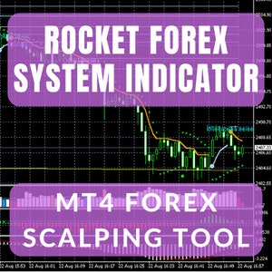 May include: A chart showing a forex trading system indicator called "ROCKET FOREX SYSTEM INDICATOR". The chart is labeled with dates and times, and the indicator is shown in green and orange. The text "MT4 FOREX SCALPING TOOL" is also visible on the chart.