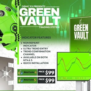 Op de afbeelding: Green Vault Trading System indicator voor MetaTrader 4 en 5. De indicator heeft een non-repaint indicator, ultra trend entry, trendbevestigingskanaal en snelle installatie. De prijs is €99 voor zowel MetaTrader 4 als 5.