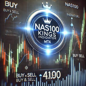 May include: A digital display with a blue circle containing the text "NAS100 KINGS INDIDATOR MT4" and a gold crown. The circle is surrounded by a silver ring. The display also shows a stock chart with green and red bars and the text "BUY SELL 4.1.00 BUY & SELL" in white.