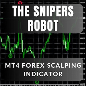 Op de afbeelding: Een groen-zwarte grafiek met een groene lijn die op en neer gaat. De grafiek heeft een zwarte achtergrond met witte rasterlijnen. De tekst "THE SNIPERS ROBOT MT4 FOREX SCALPING INDICATOR" wordt op de grafiek weergegeven.