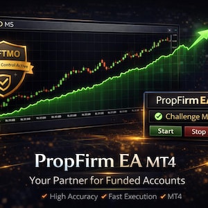 Può includere: Un display digitale mostra un grafico a linee verdi con tendenza al rialzo, con una freccia verde rivolta verso l'alto. Lo schermo mostra "PropFirm EA MT4" e "Challenge Mode". Un emblema dorato recita "FTMO Drawdown Control Active".