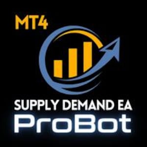 Może przedstawiać: Niebiesko-żółte logo z tekstem "MT4 Supply Demand EA ProBot". Logo zawiera stylizowaną strzałkę skierowaną w górę i wykres słupkowy.