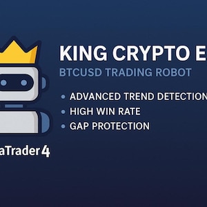 Può includere: Un robot di cartone animato che indossa una corona dorata con il testo "KING CRYPTO EA" e "BTCUSD TRADING ROBOT" sopra. Sotto il robot c'è il testo "MetaTrader 4" e un elenco di funzionalità: "ADVANCED TREND DETECTION", "HIGH WIN RATE" e "GAP PROTECTION".