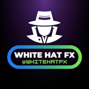 May include: White Hat FX logo with a white silhouette of a person wearing a fedora and trench coat. The logo is on a blue and green gradient background with the text "WHITE HAT FX" and "@WHITEHATFX".