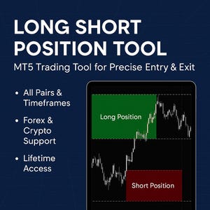 Puede incluir: Gráfico digital con el texto "LONG SHORT POSITION TOOL" y "MT5 Trading Tool for Precise Entry & Exit." La imagen incluye un gráfico con indicadores de "Long Position" y "Short Position", junto con viñetas que enumeran las características.