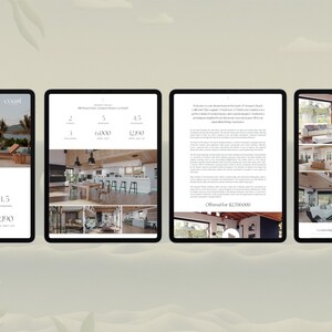 May include: A website page showcasing a modern home with a pool and multiple interior and exterior photos. The text on the page includes the property address, square footage, and price. The website is designed with a minimalist aesthetic.