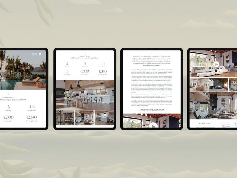 May include: A website page showcasing a modern home with a pool and multiple interior and exterior photos. The text on the page includes the property address, square footage, and price. The website is designed with a minimalist aesthetic.