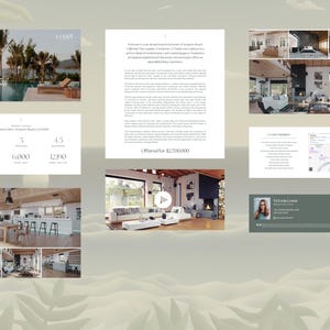 May include: A website for a real estate agency showcasing a modern home with a pool and a large living room. The website includes photos, a map, and contact information. The home is offered for $2,700,000.