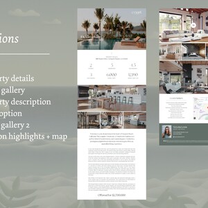May include: A website screenshot showing a real estate listing for a modern home with a pool. The listing includes details about the property, such as the number of bedrooms, bathrooms, and square footage. The website also includes a photo gallery, a video option, and a map of the property's location.