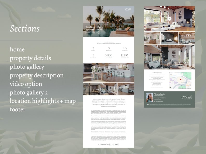 May include: A website screenshot showing a real estate listing for a modern home with a pool. The listing includes details about the property, such as the number of bedrooms, bathrooms, and square footage. The website also includes a photo gallery, a video option, and a map of the property's location.