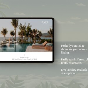 May include: A website mockup for a real estate listing, showcasing a luxurious home with a pool and palm trees. The website is titled "Coast" and features the address "1810 Beach Drive, Newport Beach, California".