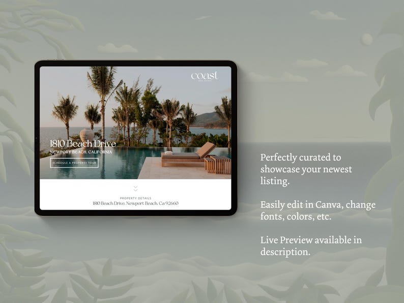 May include: A website mockup for a real estate listing, showcasing a luxurious home with a pool and palm trees. The website is titled "Coast" and features the address "1810 Beach Drive, Newport Beach, California".