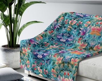 Boho Floral Paisley Sherpa Fleece Blanket: Teal, Orange, Purple