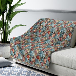 Western Succulent Sherpa Fleece Blanket: Teal Orange Cowboy Decor