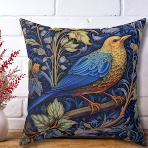William Morris Style Bird Pillow: Royal Blue Botanical Cottagecore Decor