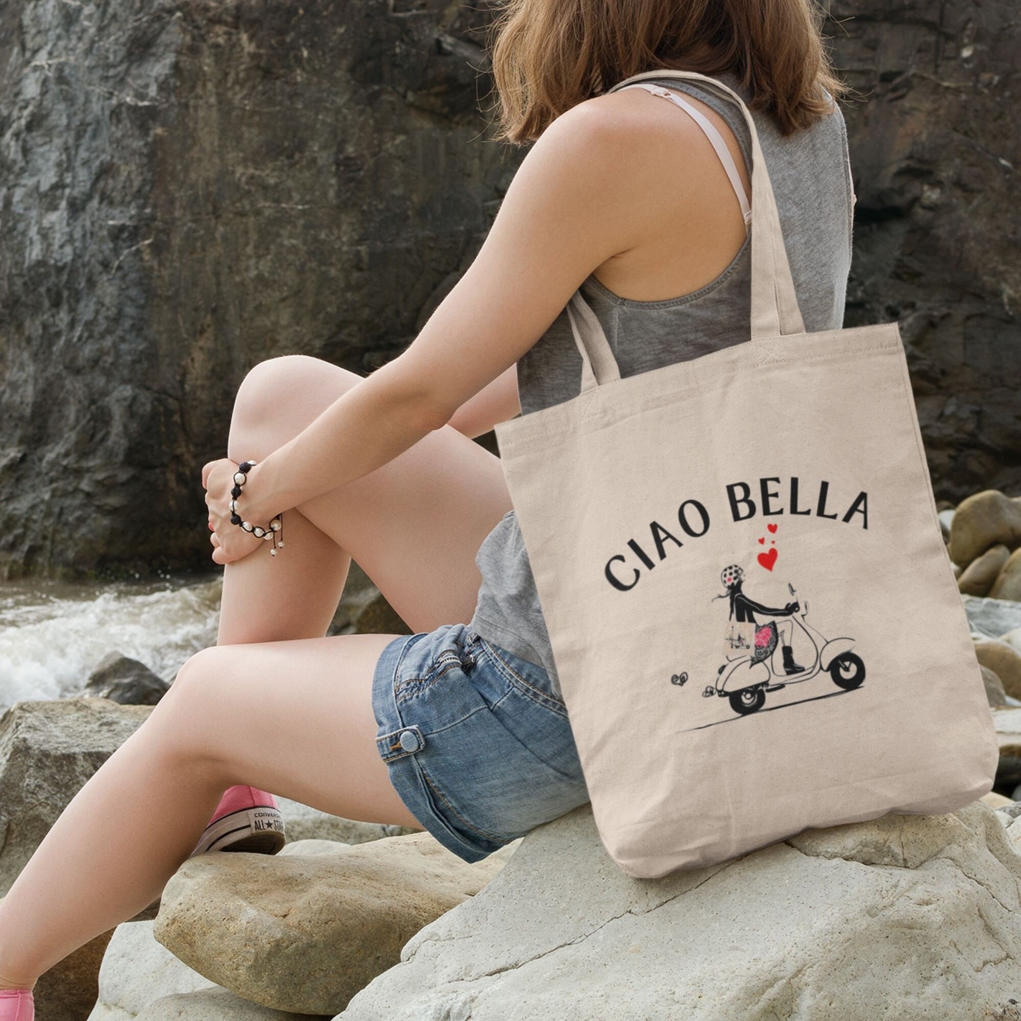 Italian Vespa Tote Bag, Italy Book Bag, Ciao Bella, Italy Vacation,  Destination Bag, Traveler Tote Bag, Summer Trip, Vacation Bag, Grocery 