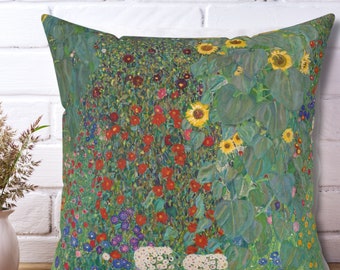 Gustav Klimt Pillow: Farm Garden with Sunflowers, Cottagecore Decor (Pillow Included)