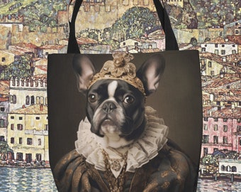Lindo bolso de mano para perros Boston Terrier para los amantes del arte renacentista, bolsa para perros entusiastas del traje renacentista, bolsa de libros de lona de viaje, regalo para amantes de los perros