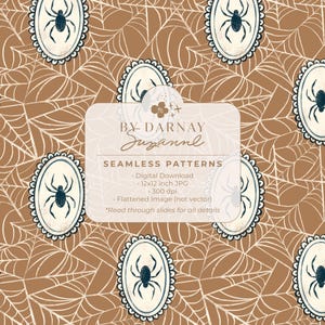 Könnte beinhalten: Ein nahtloses Muster mit braunem Hintergrund, weißen Spinnweben und ovalen Medaillons. Jedes Medaillon hat einen cremefarbenen Hintergrund mit einer schwarzen Spinne. Der Text "BY DARNAY Suzanne" und "SEAMLESS PATTERNS" ist ebenfalls sichtbar.