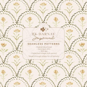 Op de afbeelding: Een naadloos patroonontwerp met een herhalend bloemmotief in beige, olijfgroen en goud. Het ontwerp bevat geschulpte bogen en gestileerde bloemen. De afbeelding bevat ook de tekst "BY DARNAY Suzanne SEAMLESS PATTERNS".