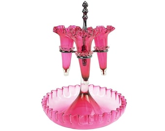 Antique Cranberry Glass Epergne Centerpiece with Ruffled Edges