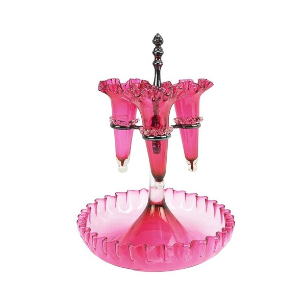 Antique Cranberry Glass Epergne Centerpiece with Ruffled Edges