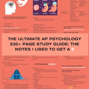 以下が含まれることがあります： 「The Ultimate AP Psychology 230+ Page Study Guide: The Notes I Used To Get A 5」というタイトルのカラフルなインフォグラフィックで、ベルカーブグラフとニューロンの図が描かれています。このインフォグラフィックは、心理的特徴の発達、標準偏差、不眠症、神経伝達などのトピックを扱っています。