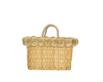 Handmade Pom Pom Straw Tote Bag | Boho Summer Beach Bag | Cute Woven Shopper Tote
