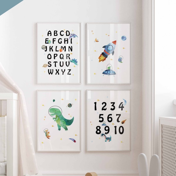 English alphabet and numbers posters for playroom, homeschool or classroom, Space Dinosaur ABC and 123, Set of 4 digital prints
