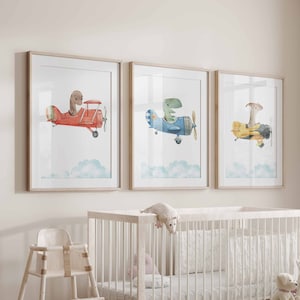 Lot de 3 affiches de dinosaures, impressions de dinosaures, dinosaures dans des avions, art mural dinosaure, décoration de chambre d'enfant, décoration de salle de jeux avions, téléchargement numérique