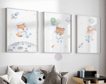 Stampe per cameretta dei bambini a tema spaziale, stampe da parete per la cameretta dei bambini, decorazioni per la sala giochi a tema spaziale, pianeti acquerellati, poster di astronauti animali, DOWNLOAD DIGITALE
