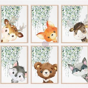 Groen bos dierenprints, bos babydieren kinderkamer kunst aan de muur, bos kinderdagverblijf decor, afdrukbare muur kunst set van 6, digitale download