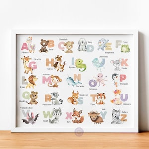 Póster del alfabeto inglés, póster educativo, arte mural para sala de juegos, decoración de aula, decoración para habitación infantil, impresión del alfabeto de animales, descarga digital