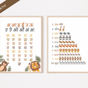 Marathi Mulakshar Chart, Marathi Tiermotive Alphabet und Zahlen, Marathi Swar, Vyanjan, Zoo Animal Posters für Klassenzimmer oder Homeschool
