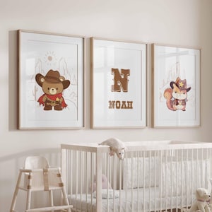Personalized Western Nursery Prints, Set of 3, Custom Name Nursery Decor, Cute Cowboy Animals, Cowboy Nursery Posters, Desert Art, Digital