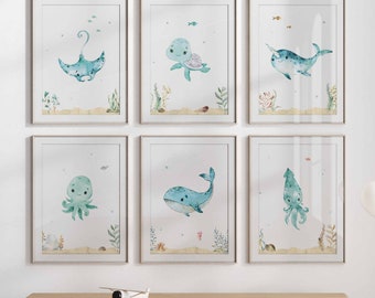 Póster "Bajo el mar", impresiones del océano para habitación infantil, juego de 6 impresiones para habitación de niño, arte mural de animales marinos, decoración de sala de juegos, descarga digital
