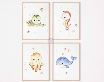 Watercolor Ocean Nursery Prints, Ocean Animal Posters, Under the Sea Nursery Decor, Printable Nursery Wall Art, Set of 4, Digital Download