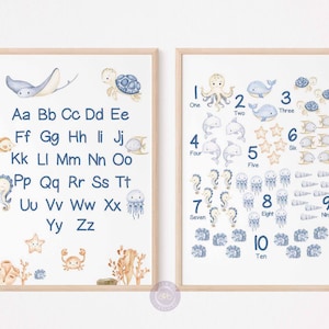Pósteres con letras y números bajo el mar para guardería, sala de juegos o aula, pósteres educativos con temática oceánica, láminas artísticas de pared azules.