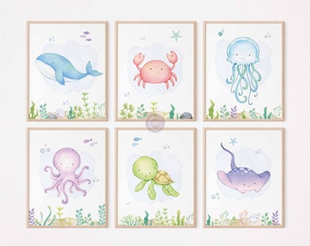 Láminas infantiles bajo el mar, pósteres de animales marinos, juego de láminas infantiles para niños, arte mural de animales marinos, decoración de sala de juegos, descarga digital