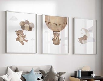 Neutral Teddy Bear Prints, Printable Toddler Room Wall Art, Cute Bear Posters, Hot Air Balloon Nursery Wall Decor, Sleeping Bear, Digital